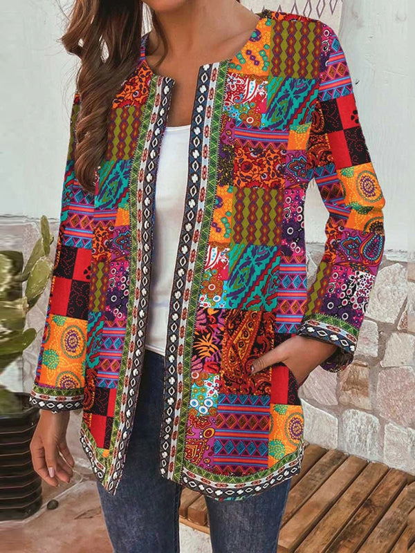 WW | Lässige retro Baumwolle und Leinen bedruckte lockere langärmelige Cardiganjacke