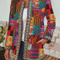 WW | Lässige retro Baumwolle und Leinen bedruckte lockere langärmelige Cardiganjacke