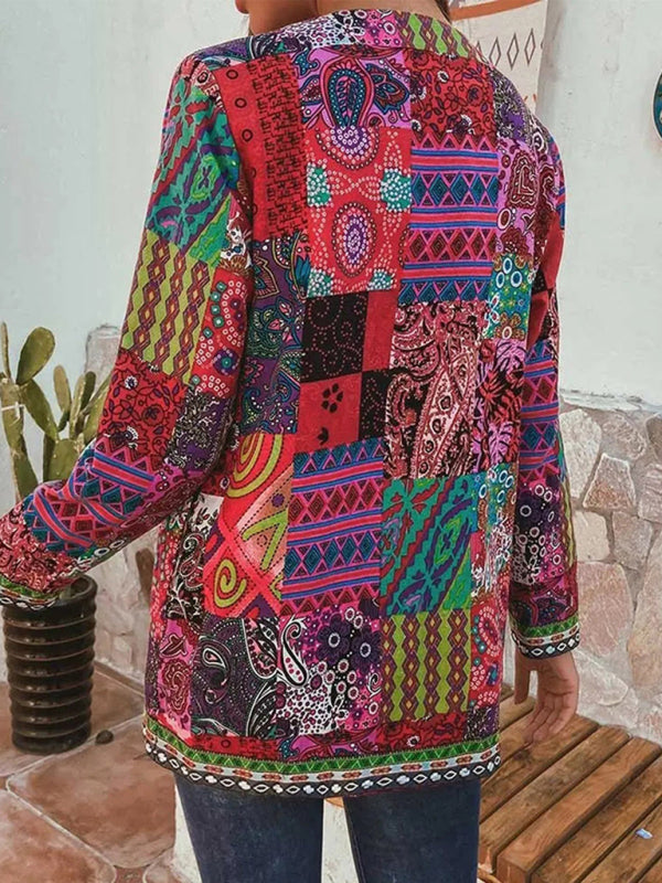 WW | Lässige retro Baumwolle und Leinen bedruckte lockere langärmelige Cardiganjacke