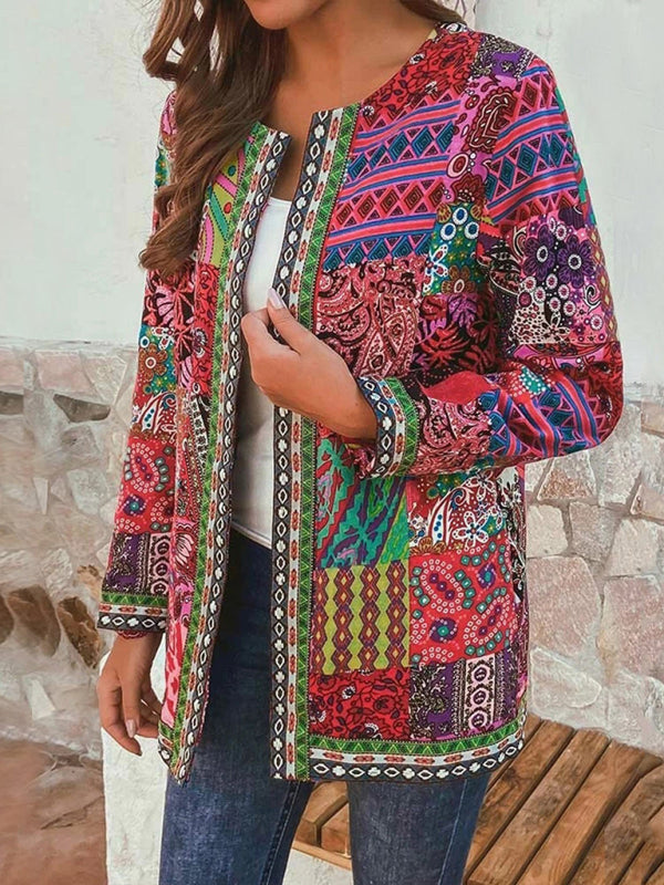WW | Lässige retro Baumwolle und Leinen bedruckte lockere langärmelige Cardiganjacke