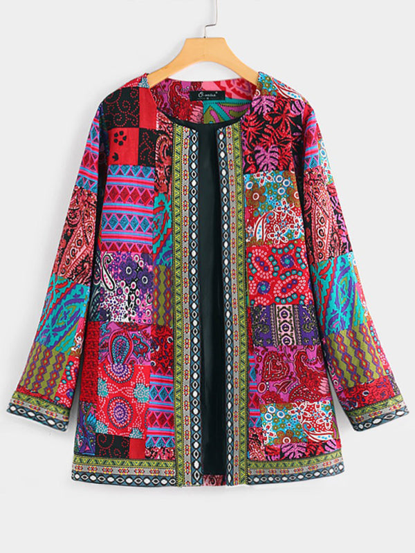 WW | Lässige retro Baumwolle und Leinen bedruckte lockere langärmelige Cardiganjacke