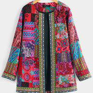 WW | Lässige retro Baumwolle und Leinen bedruckte lockere langärmelige Cardiganjacke