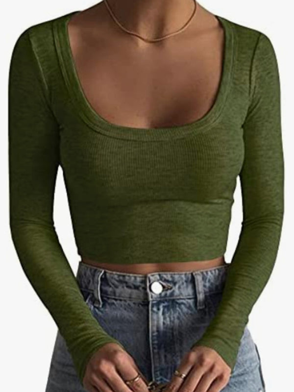 WW | Neue Damen große Rundhals langärmlige ultra-kurze Slim-Fit Bauchnabel-unterliegende T-Shirt-Oberteil