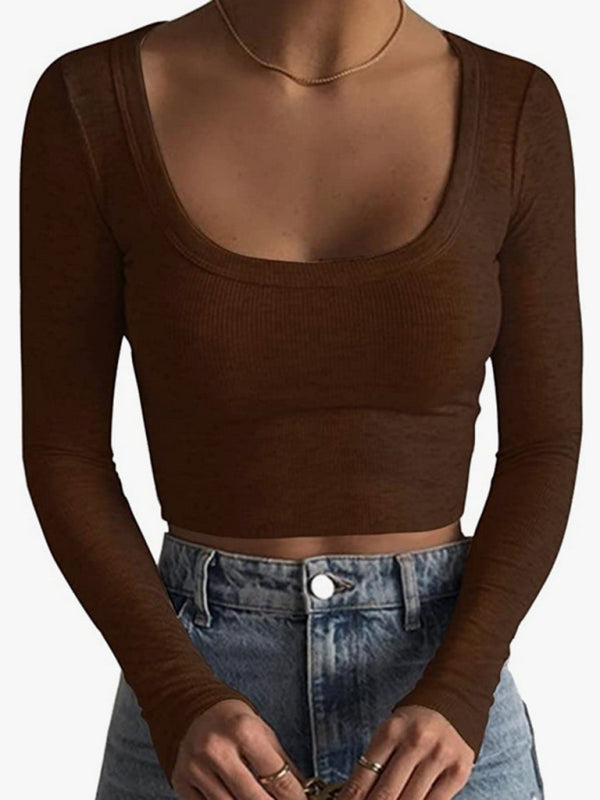 WW | Neue Damen große Rundhals langärmlige ultra-kurze Slim-Fit Bauchnabel-unterliegende T-Shirt-Oberteil
