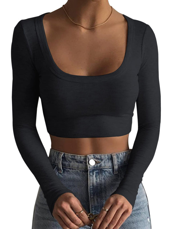 WW | Neue Damen große Rundhals langärmlige ultra-kurze Slim-Fit Bauchnabel-unterliegende T-Shirt-Oberteil
