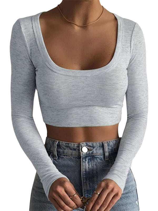 WW | Neue Damen große Rundhals langärmlige ultra-kurze Slim-Fit Bauchnabel-unterliegende T-Shirt-Oberteil