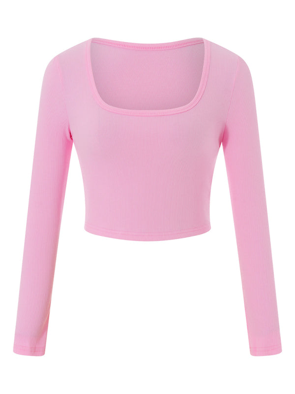WW | Neue Damen große Rundhals langärmlige ultra-kurze Slim-Fit Bauchnabel-unterliegende T-Shirt-Oberteil