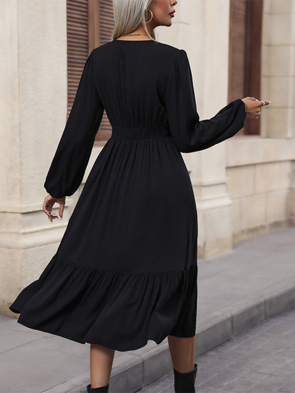 W&W Mode | Neue Damenlangarm Einfarbige V-Ausschnitt Taillen Kleid