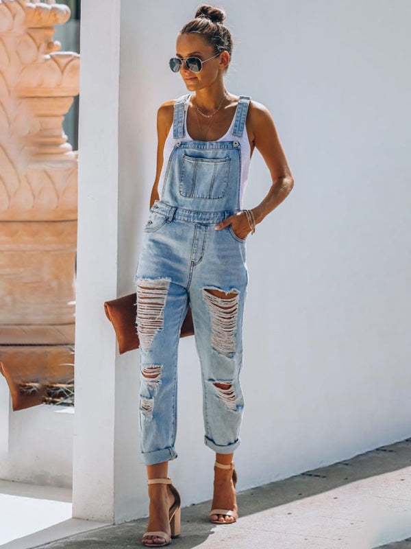 WW | Neuer Stil Lässiger Pendler Zerrissener Mid Waist Denim Overall