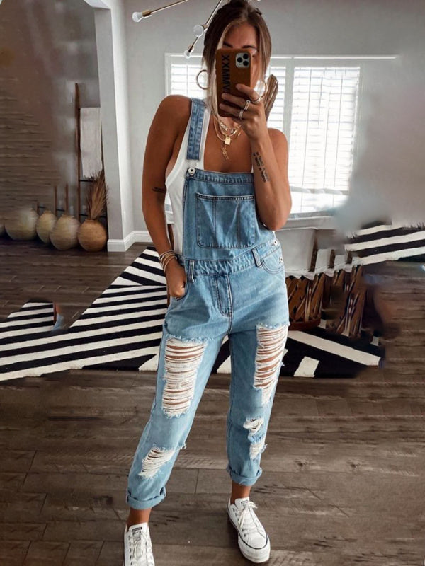 WW | Neuer Stil Lässiger Pendler Zerrissener Mid Waist Denim Overall