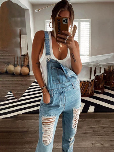 WW | Neuer Stil Lässiger Pendler Zerrissener Mid Waist Denim Overall