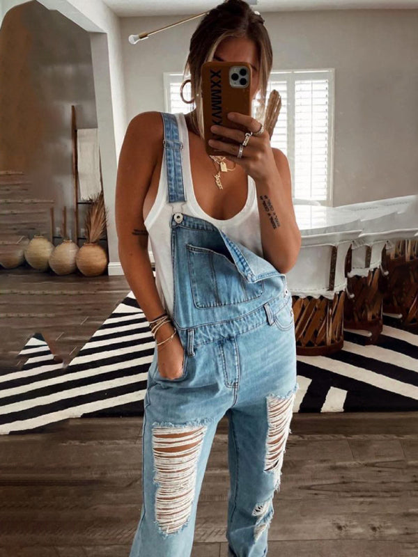 WW | Neuer Stil Lässiger Pendler Zerrissener Mid Waist Denim Overall