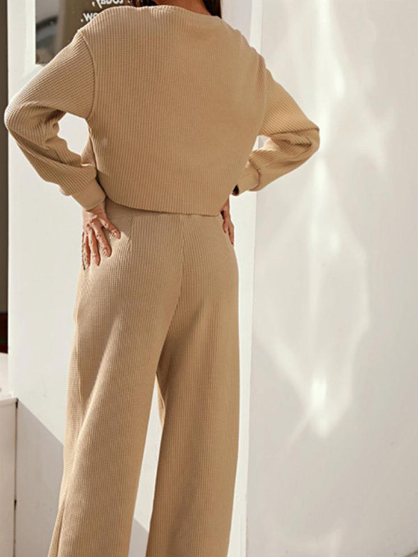 WW | Damen Zweiteiler Rundhals Langarm Weite Beine Hose