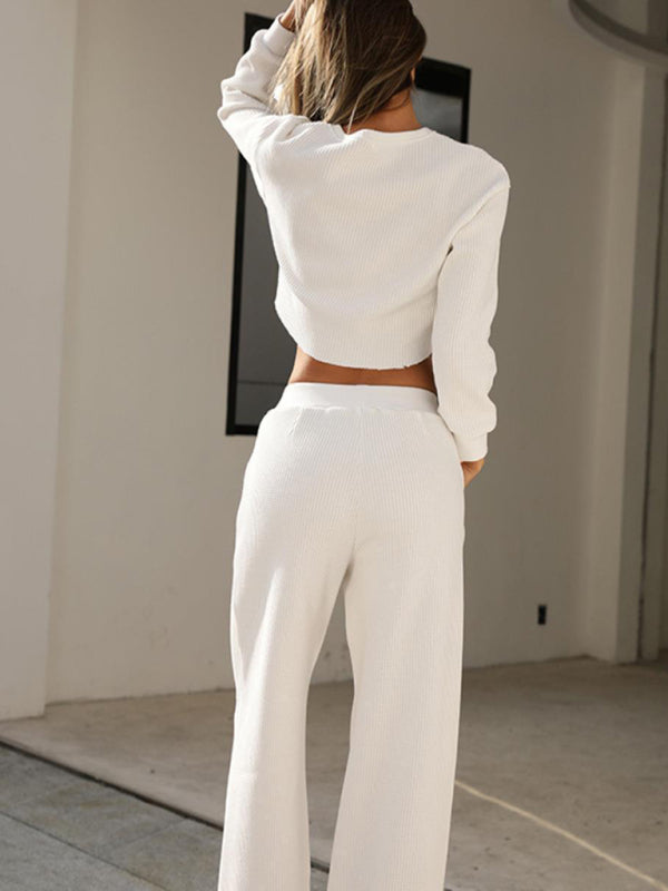 WW | Damen Zweiteiler Rundhals Langarm Weite Beine Hose