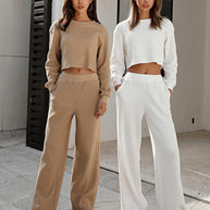 WW | Damen Zweiteiler Rundhals Langarm Weite Beine Hose