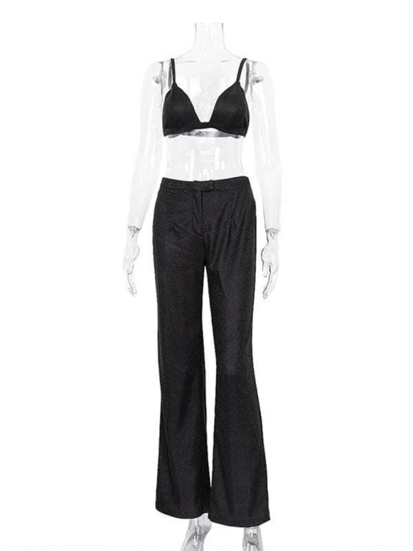 W&W Mode | Neue Camisole, schmal gerade High-Waist-Hosen, sexy Paillettenjacke Anzug Set (drei-teiliges Set)