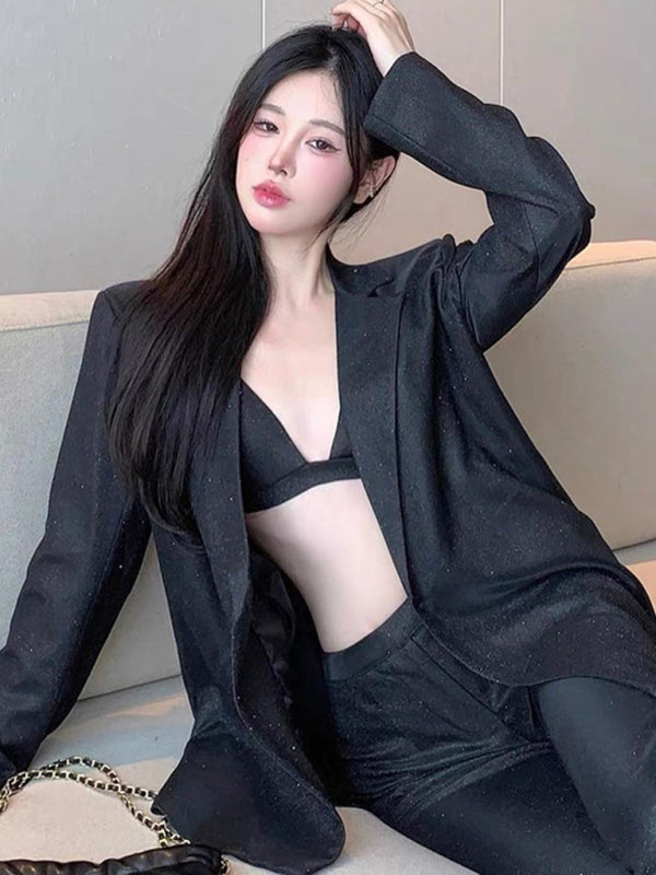 WW | Neue Camisole, schmal gerade High-Waist-Hosen, sexy Paillettenjacke Anzug Set (drei-teiliges Set)