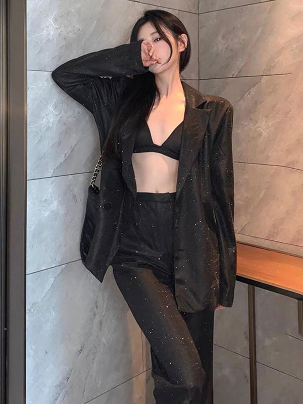 WW | Neue Camisole, schmal gerade High-Waist-Hosen, sexy Paillettenjacke Anzug Set (drei-teiliges Set)