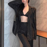 WW | Neue Camisole, schmal gerade High-Waist-Hosen, sexy Paillettenjacke Anzug Set (drei-teiliges Set)