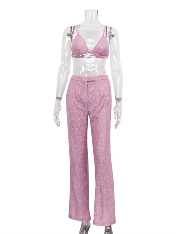W&W Mode | Neue Camisole, schmal gerade High-Waist-Hosen, sexy Paillettenjacke Anzug Set (drei-teiliges Set)
