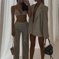 WW | Neue Camisole, schmal gerade High-Waist-Hosen, sexy Paillettenjacke Anzug Set (drei-teiliges Set)