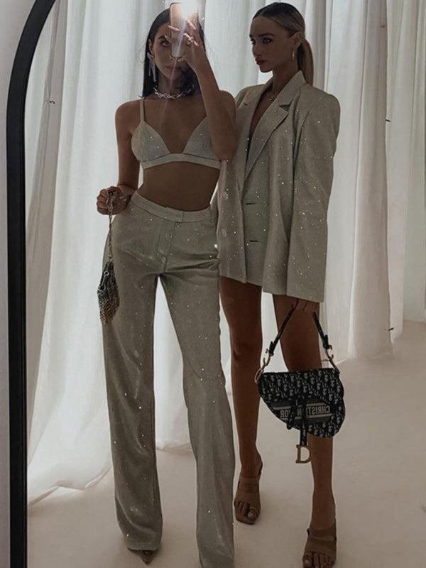 WW | Neue Camisole, schmal gerade High-Waist-Hosen, sexy Paillettenjacke Anzug Set (drei-teiliges Set)