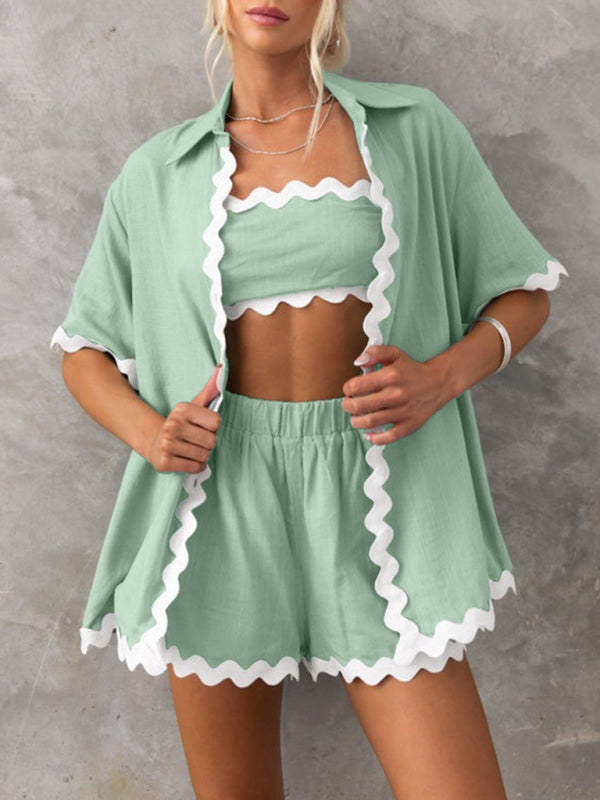 WW | Grüne Bluse Und Shorts Satz Mit Weißer Borte