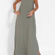 WW | Neues Modisches Lässiges Baumwoll Und Leinen Kleid Mit Schlitz Und Trägern