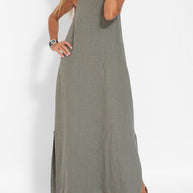 WW | Neues Modisches Lässiges Baumwoll Und Leinen Kleid Mit Schlitz Und Trägern