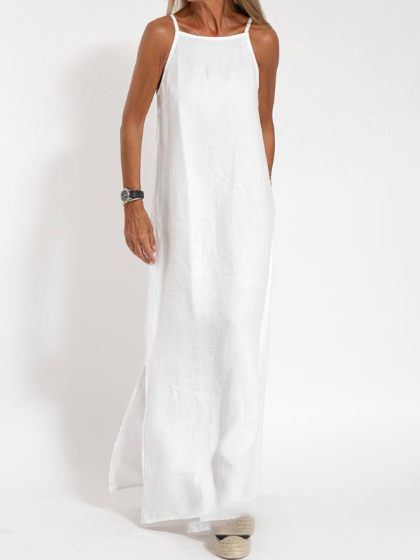 WW | Neues Modisches Lässiges Baumwoll Und Leinen Kleid Mit Schlitz Und Trägern