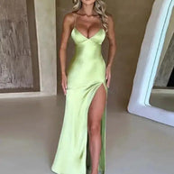 WW | Damen Träger V-Ausschnitt Satin Schlitz sexy rückenfrei langes Kleid