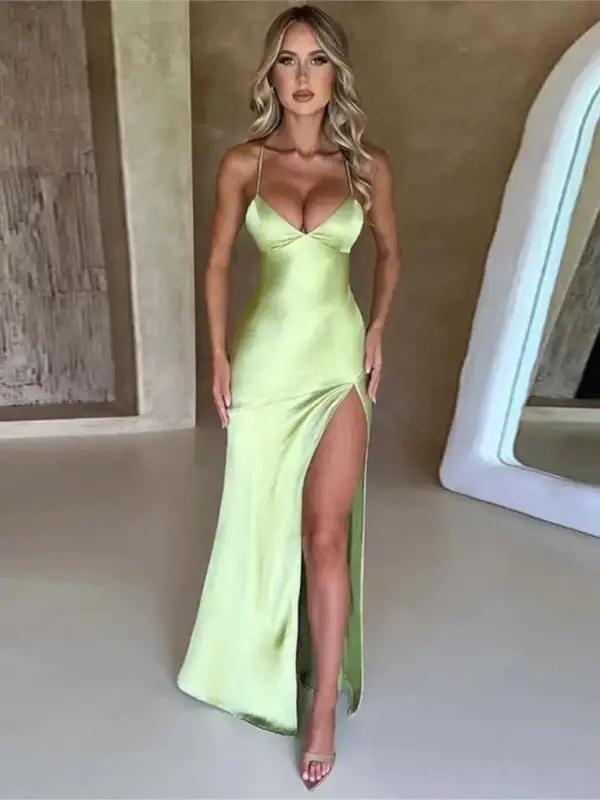 WW | Damen Träger V-Ausschnitt Satin Schlitz sexy rückenfrei langes Kleid