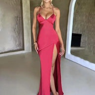 WW | Damen Träger V-Ausschnitt Satin Schlitz sexy rückenfrei langes Kleid