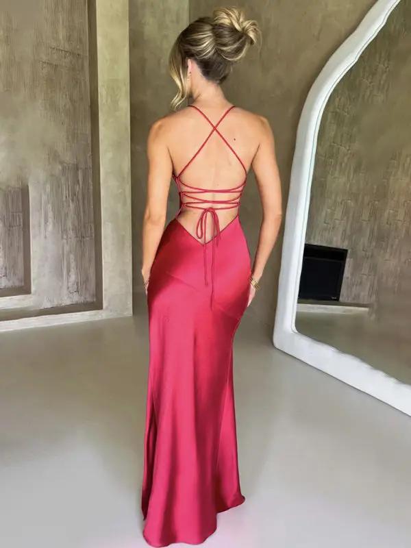 WW | Damen Träger V-Ausschnitt Satin Schlitz sexy rückenfrei langes Kleid
