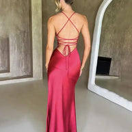 WW | Damen Träger V-Ausschnitt Satin Schlitz sexy rückenfrei langes Kleid