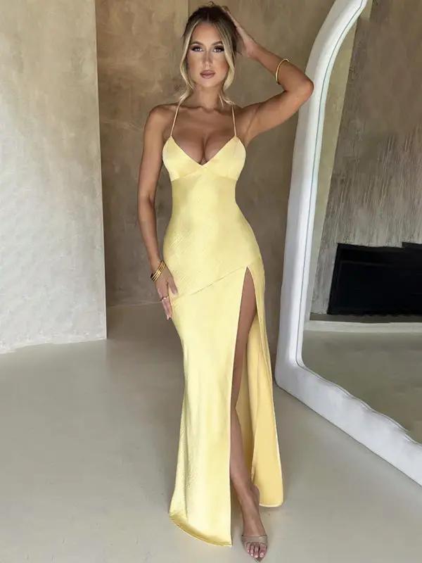 WW | Damen Träger V-Ausschnitt Satin Schlitz sexy rückenfrei langes Kleid