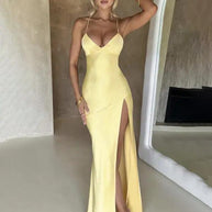 WW | Damen Träger V-Ausschnitt Satin Schlitz sexy rückenfrei langes Kleid