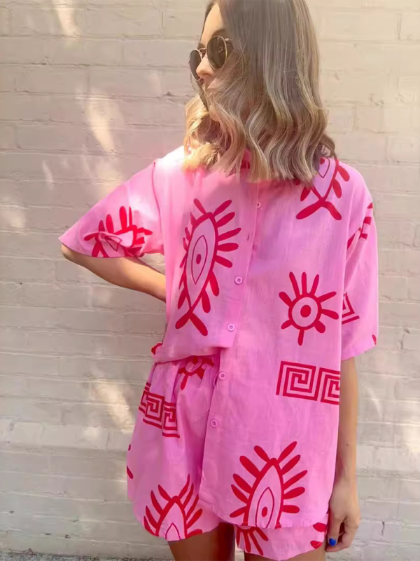 WW | Damenmode Bedruckte Hemden Loungewear-Anzüge Bedruckte Shorts Krawatte Elastisch Lässig Zweiteiliges Set