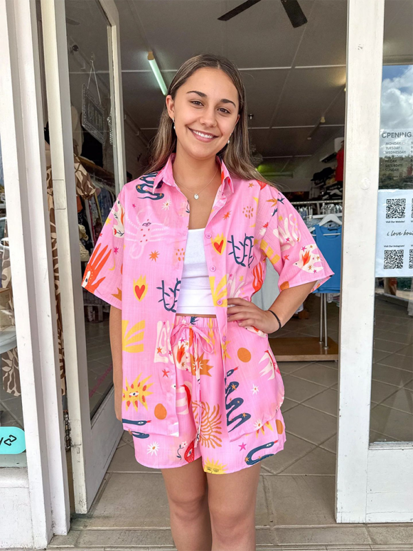 WW | Damenmode Bedruckte Hemden Loungewear-Anzüge Bedruckte Shorts Krawatte Elastisch Lässig Zweiteiliges Set