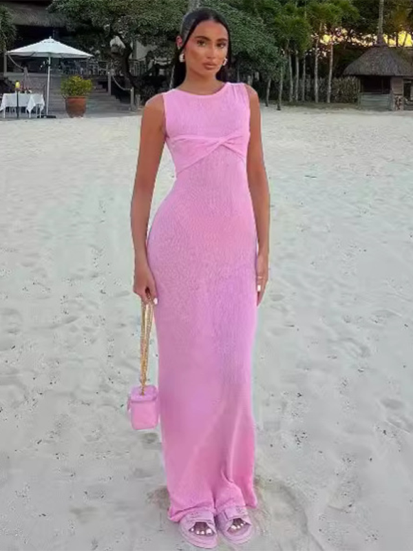 W&W Mode | Ärmelloses enges Rundhals gestricktes einfarbiges Strandlangkleid