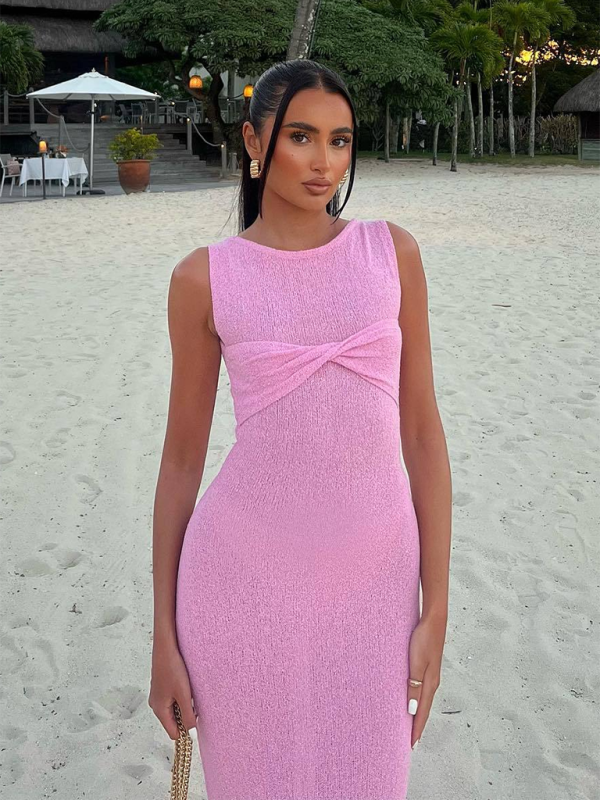 W&W Mode | Ärmelloses enges Rundhals gestricktes einfarbiges Strandlangkleid