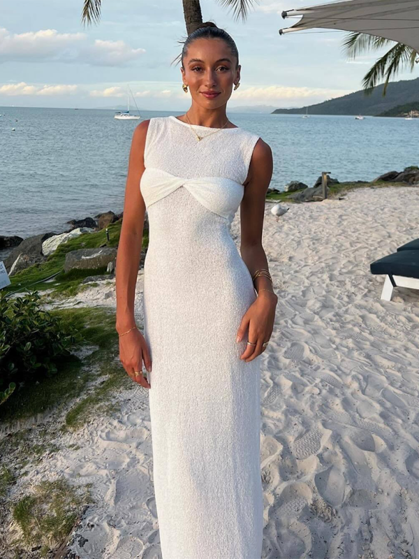WW | Ärmelloses enges Rundhals gestricktes einfarbiges Strandlangkleid