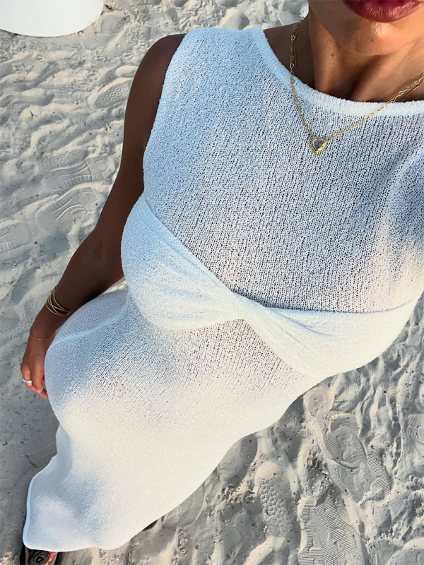 WW | Ärmelloses enges Rundhals gestricktes einfarbiges Strandlangkleid