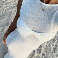 WW | Ärmelloses enges Rundhals gestricktes einfarbiges Strandlangkleid