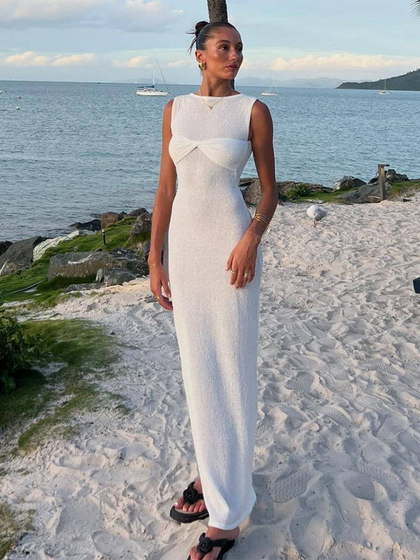W&W Mode | Ärmelloses enges Rundhals gestricktes einfarbiges Strandlangkleid