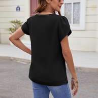 WW | Neues einfarbiges V-Ausschnitt Kurzarm lockeres Chiffon-Shirt Perlenoberteil