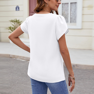WW | Neues einfarbiges V-Ausschnitt Kurzarm lockeres Chiffon-Shirt Perlenoberteil