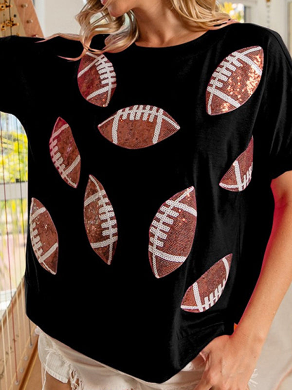 WW | Lässig Sommer Pailletten Rugby Rundhals Pullover T-Shirt Kurzarm Top