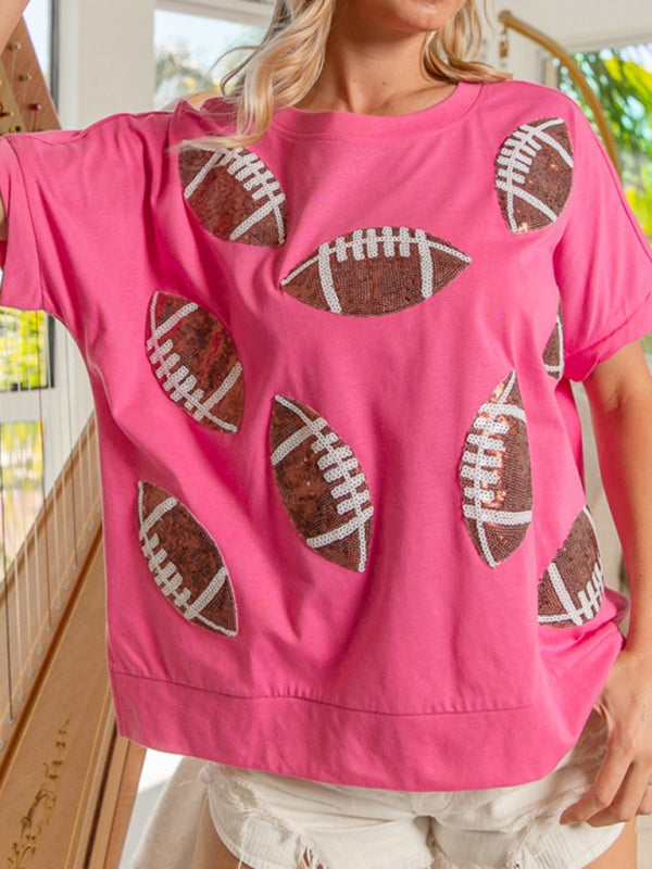 WW | Lässig Sommer Pailletten Rugby Rundhals Pullover T-Shirt Kurzarm Top