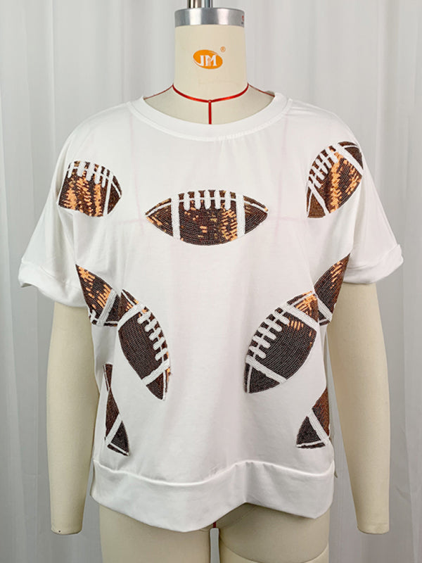 WW | Lässig Sommer Pailletten Rugby Rundhals Pullover T-Shirt Kurzarm Top